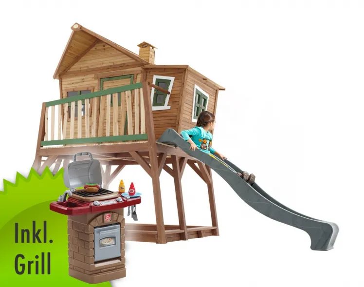 Kinder-Holz-Spielhaus gro & hoch Comic Kinderspielhaus Stelzen inkl. Spielgrill